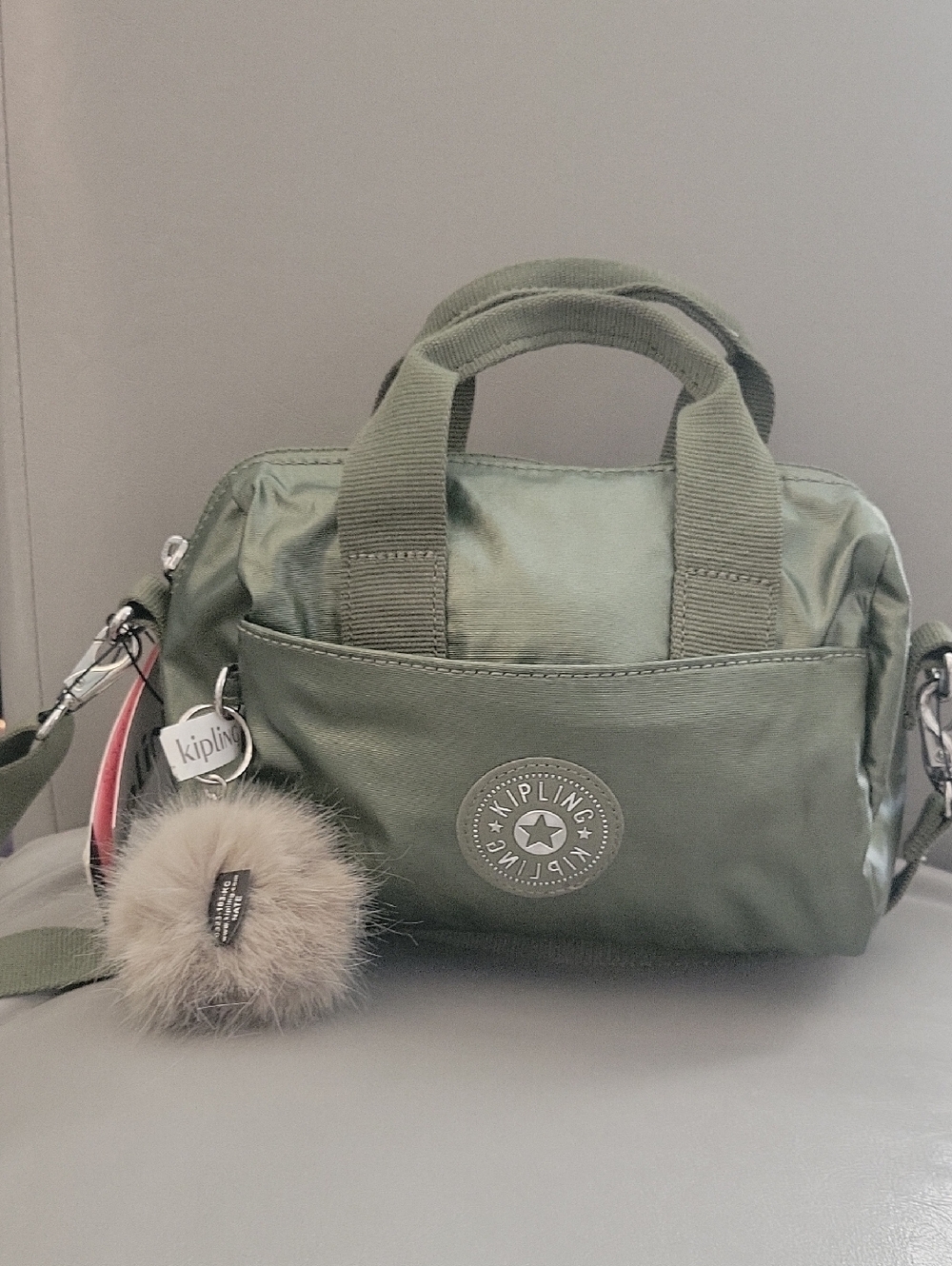 Kipling Olive Green Nylon Small Crossbody Bag with Pom-Pom Charm